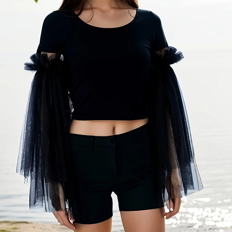 

Элегантное прозрачное сетчатое платье с рукавами для свадебной вечеринки, съемное расклешенное платье с длинными рукавами, аксессуары для косплея