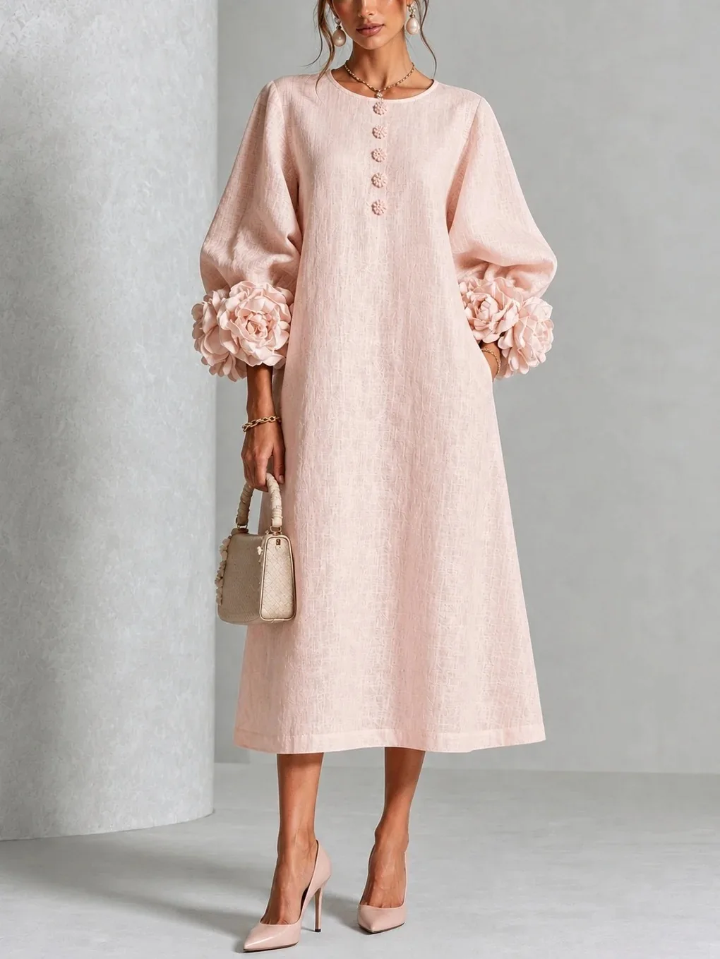 High‑quality Elegant Women Midi Dress Bubble Long Sleeves 3D Floral Cuffs Round Neck Button Decor Loose Party Dress Casual Robe