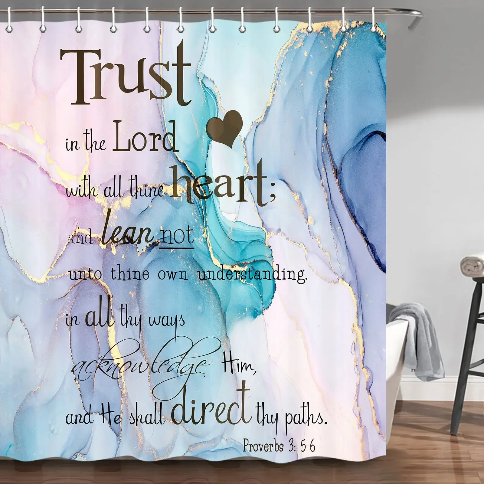 Inspirational Quote Shower Curtain,Bible Verse Motivational Quote Shower Curtain,Ink Paint Pink Teal Marble Abstract Bathtub Set