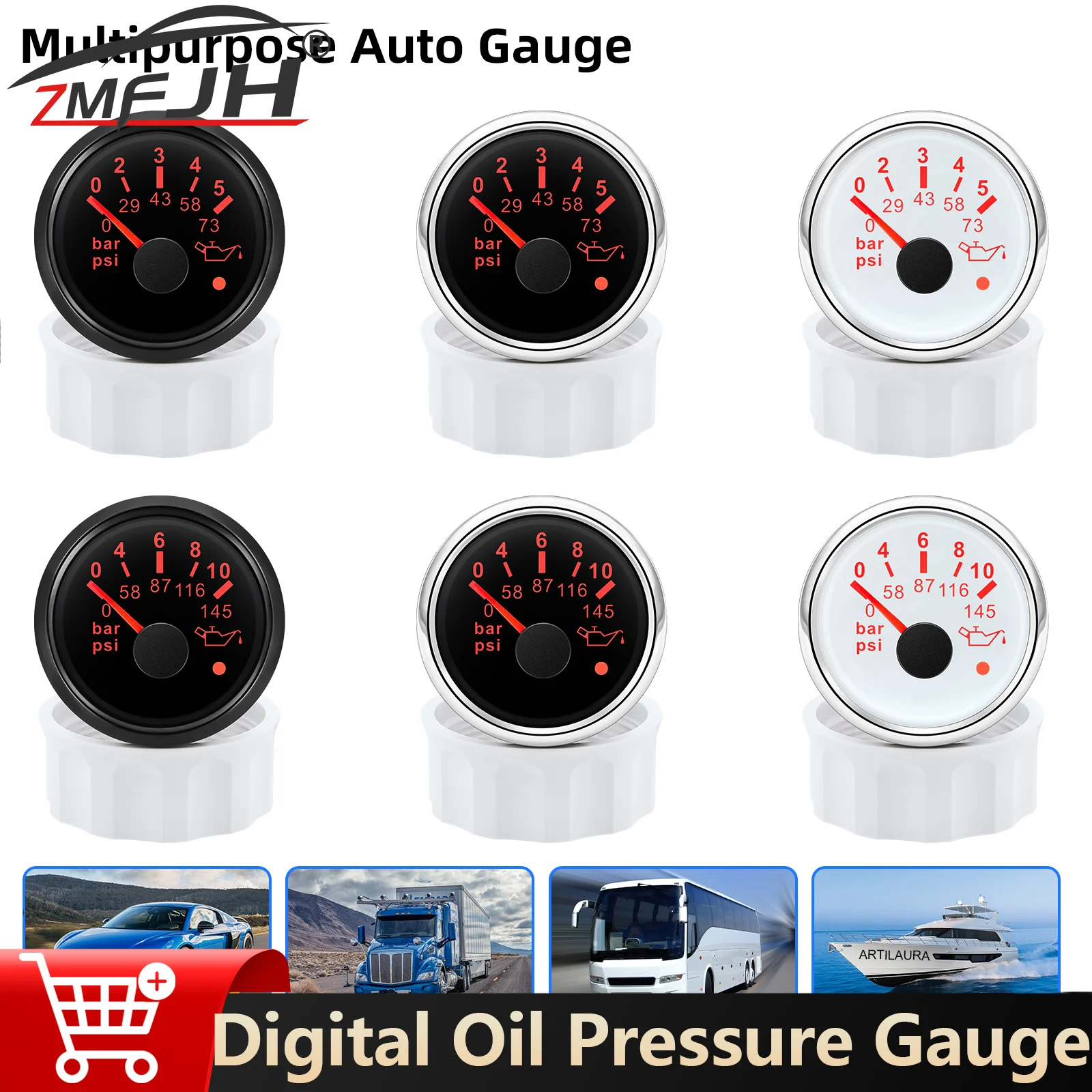 

52 мм манометр масла 0-5 бар/0-10 бар индикатор давления масла с сигнализацией для морской лодки автомобильный масляный пресс метр 12 В 24 В