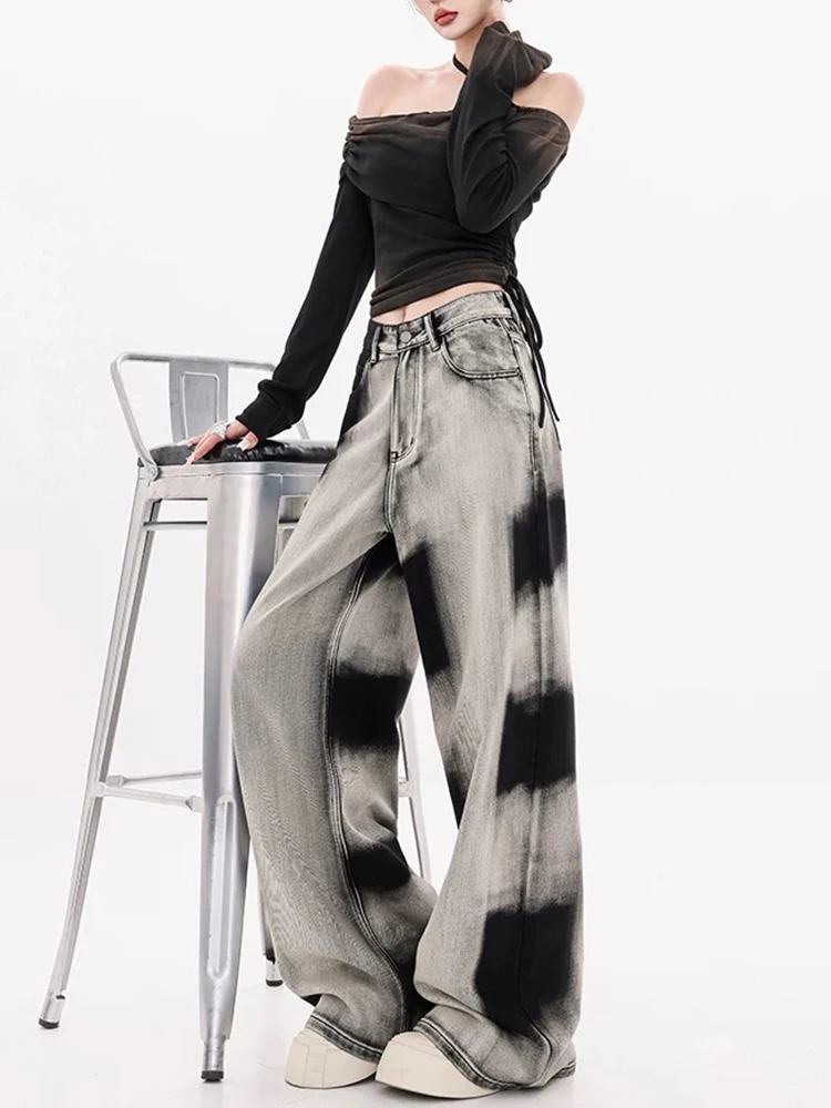 Autumn New High Waist Loose Woman Jeans American Retro Tie Dye Women Jeans Fashion Street Slim Basic Wide Leg Pants Female Chic