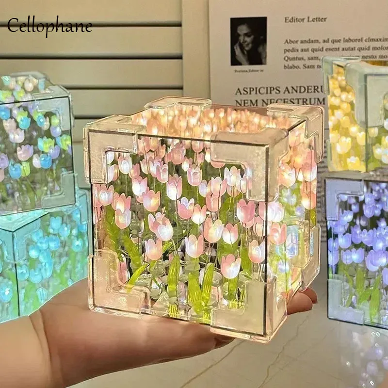 

2025 Creative Diy Tulip Flower Sea Cube Rubik's Cube Mirror Three-Dimensional Small Night Lamp for Girlfriend Couple Girl Gift