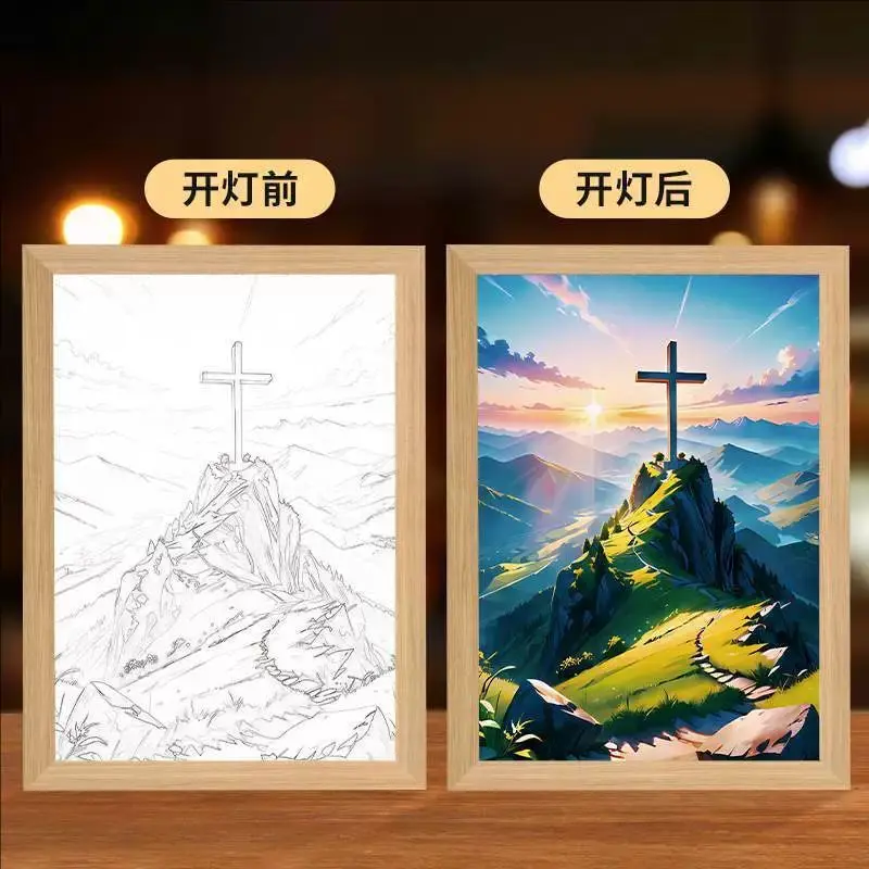 Devout Redemption, Looking up at the Light, Painting Picture Frame, Simple Christian Luminous Painting Decoration, Nightlight