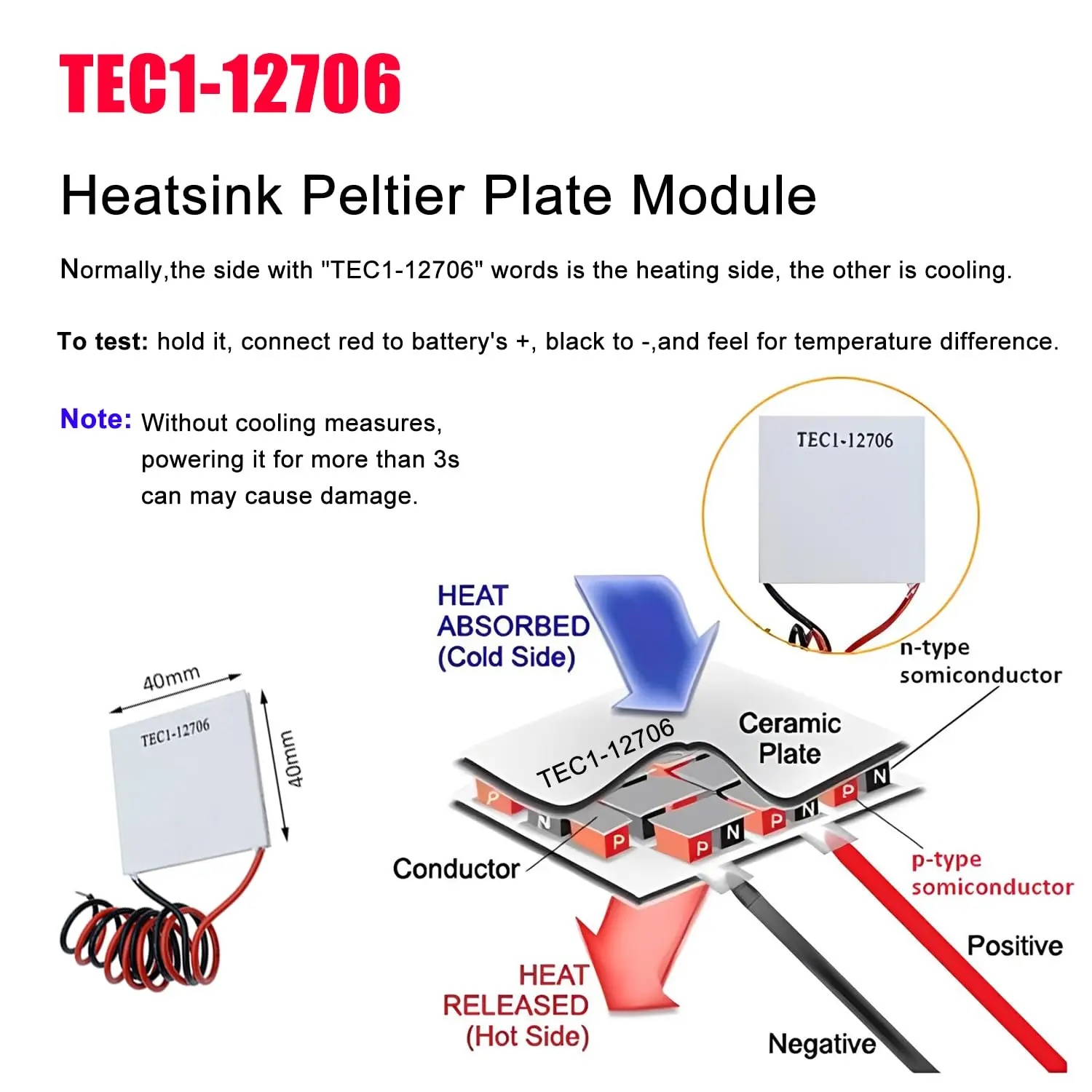 2pcs TEC1-12706 Heatsink Semiconductor Refrigeration Tablets 12V 6A 60W Thermoelectric Cooler Cooling Peltier Plate Module