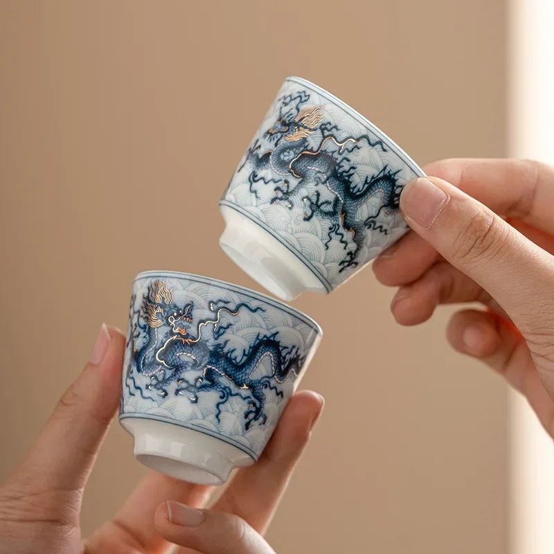 China Dragon Tea Cup Master Cup Qinghua Ceramic Kung Fu Tea Set Chinese Tea Tasting Small Tea Cups