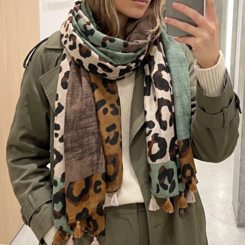 Retro Color Block Leopard Print Scarf Tassel Cotton Linen Texture Large Wrap Shawl Patchwork Soft Shawl Women