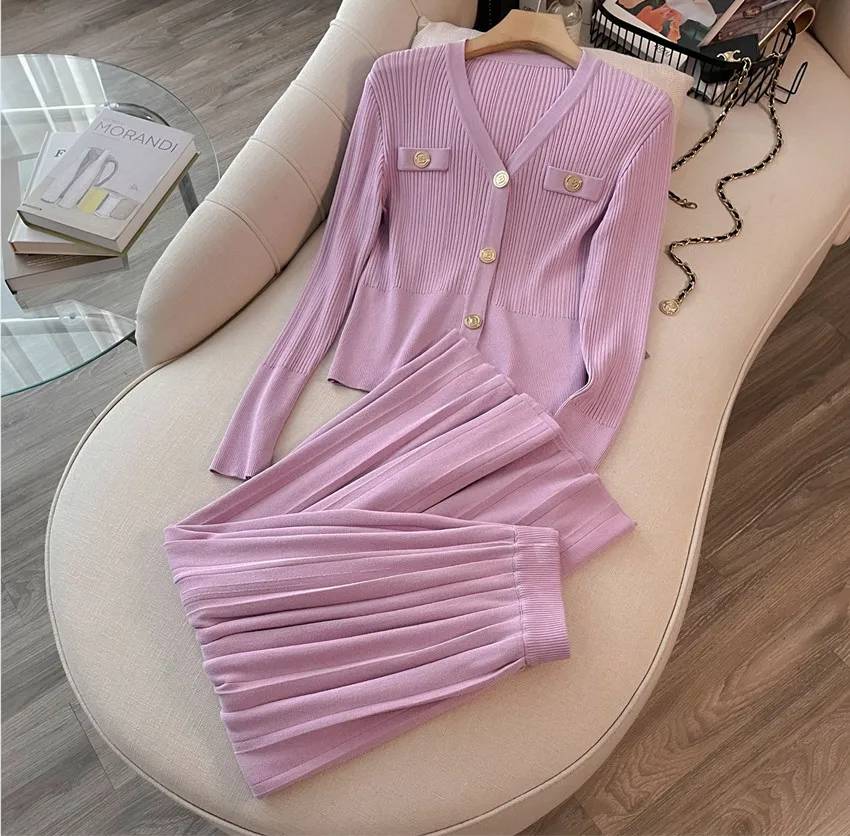 French Elegant Purple Knitting 2 Piece Set New Women V Neck Single Breasted Sweater Short Cardigan + Long Pleated Skirt Suits