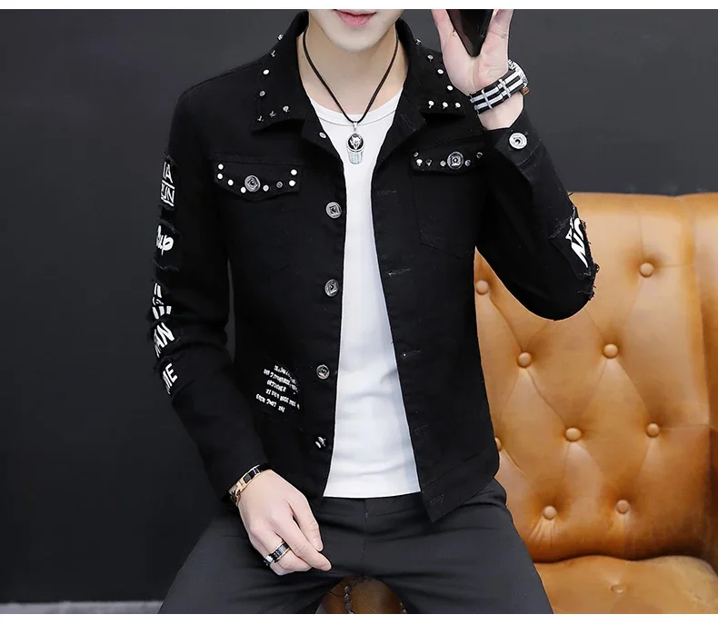 Fashion Men Denim Jacket Spring and Autumn Personalized Design Jean Coats Male Slim Fit Solid Color Handsome Versatile