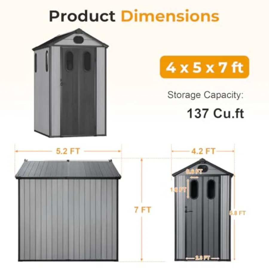 Outdoor resin storage shed for feet protection, gray, weather-resistant and lockable
