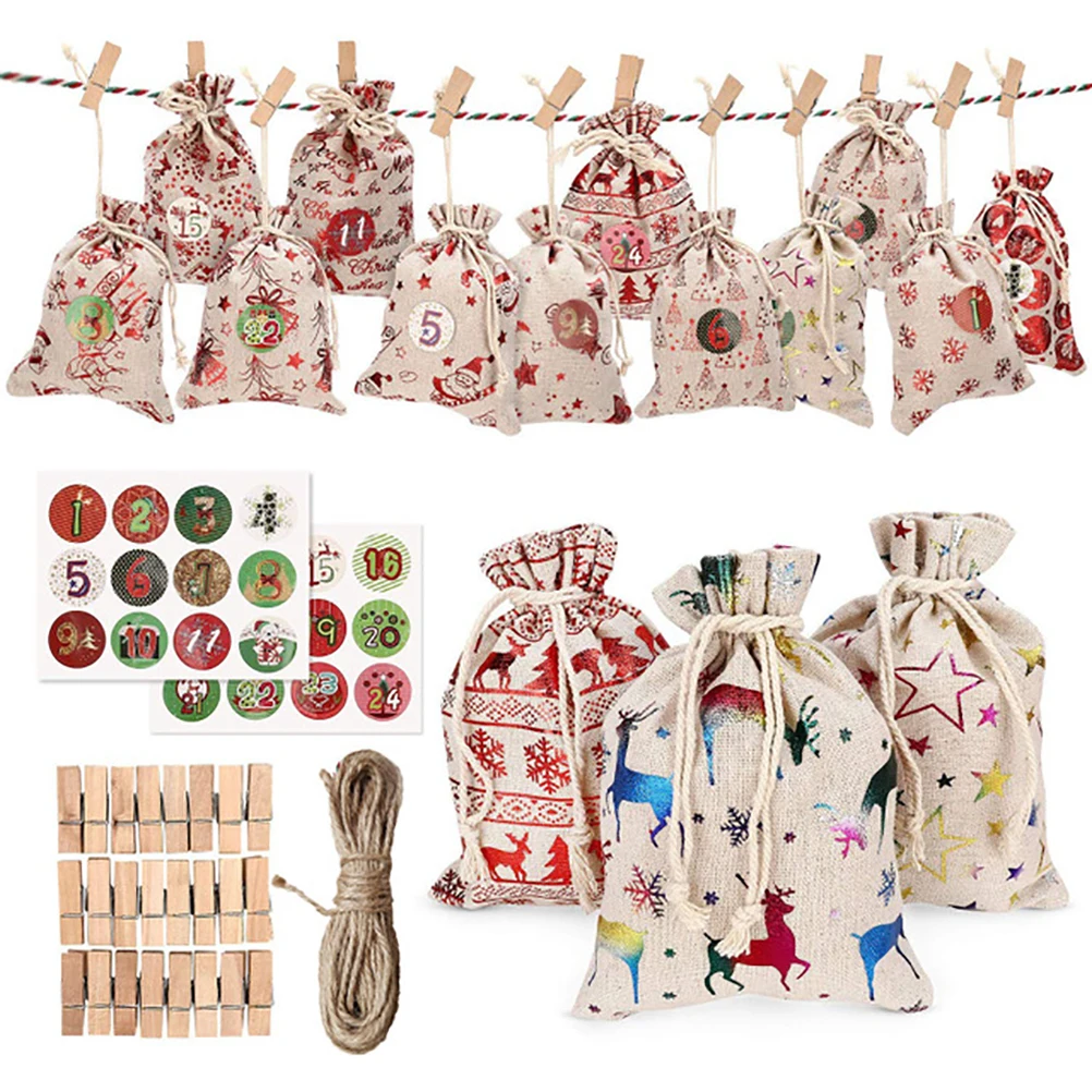 

10PCS Christmas Linen Drawstring Bags Candy Biscuits Pouchs Burlap Bracelet Jewelry Storage Bags Xmas Kids Gift Packaging Bags