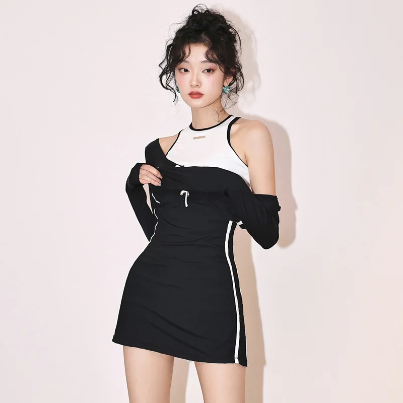 Korean Style Swimwear 2024 Women's One Piece Swimsuit Sports Long Sleeve Dress Beachwear High Waist Bathing Suits Shorts Pool