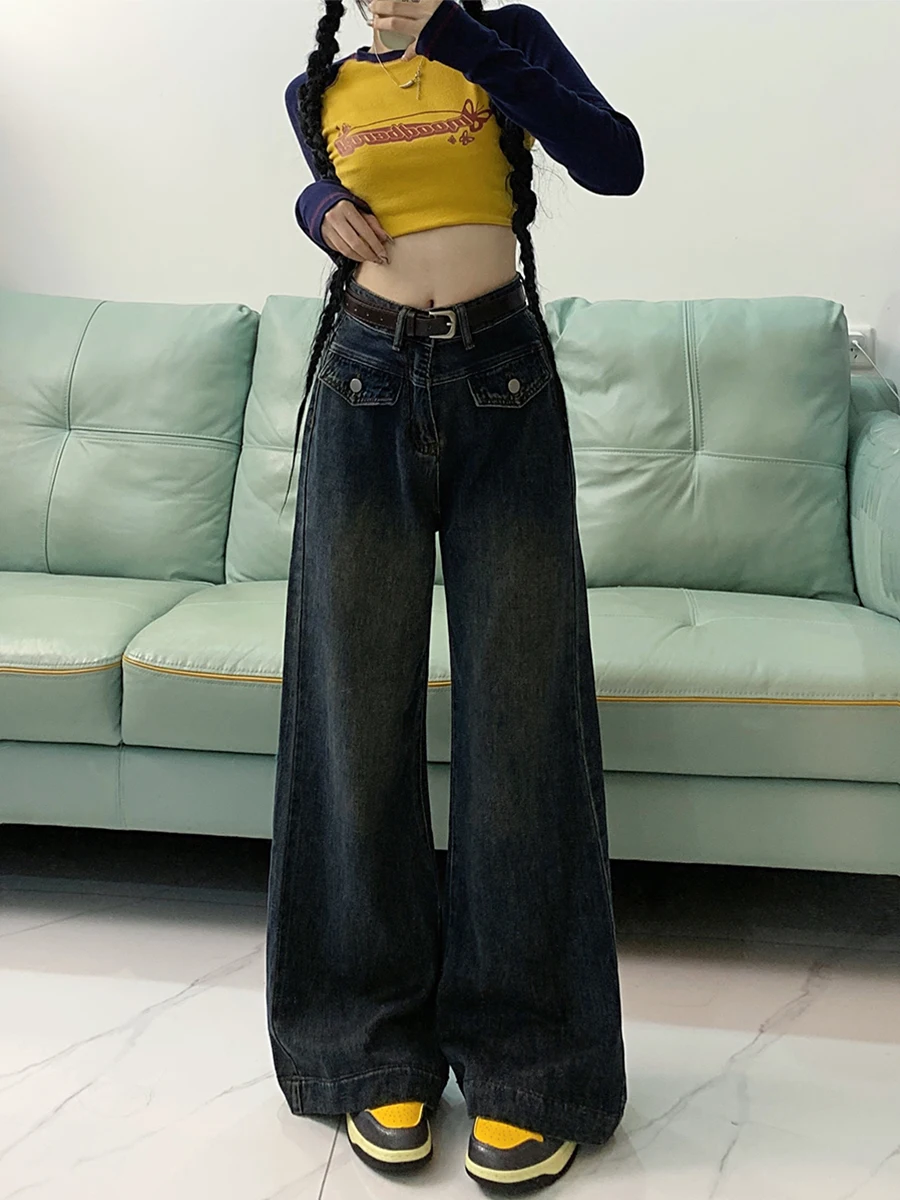 Baggy Jeans For Woman High Waisted Button Fly Zipper Closure Belted Buckle Adjustable Waistband Ladies Female Denim Trousers