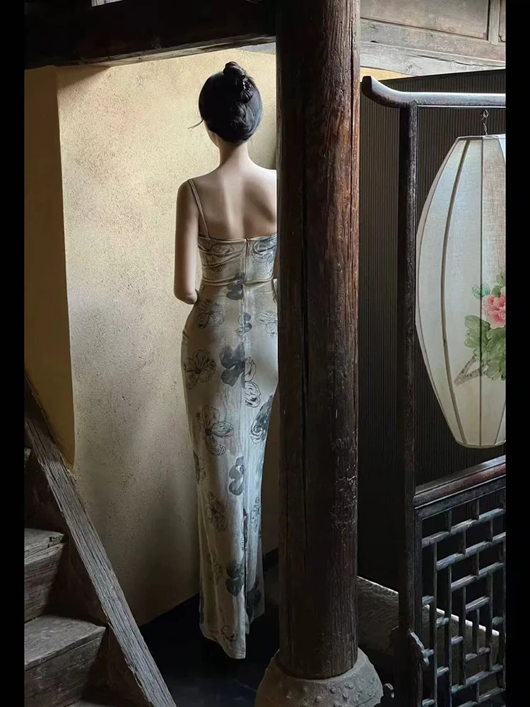 Sukienka midi w stylu retro z motywem malarstwa tuszem dla kobiet, koreańska elegancka aksamitna sukienka na ramiączkach, seksowna letnia sukienka Y2K z odkrytymi plecami i dekoltem w serek, nowe Vestidos