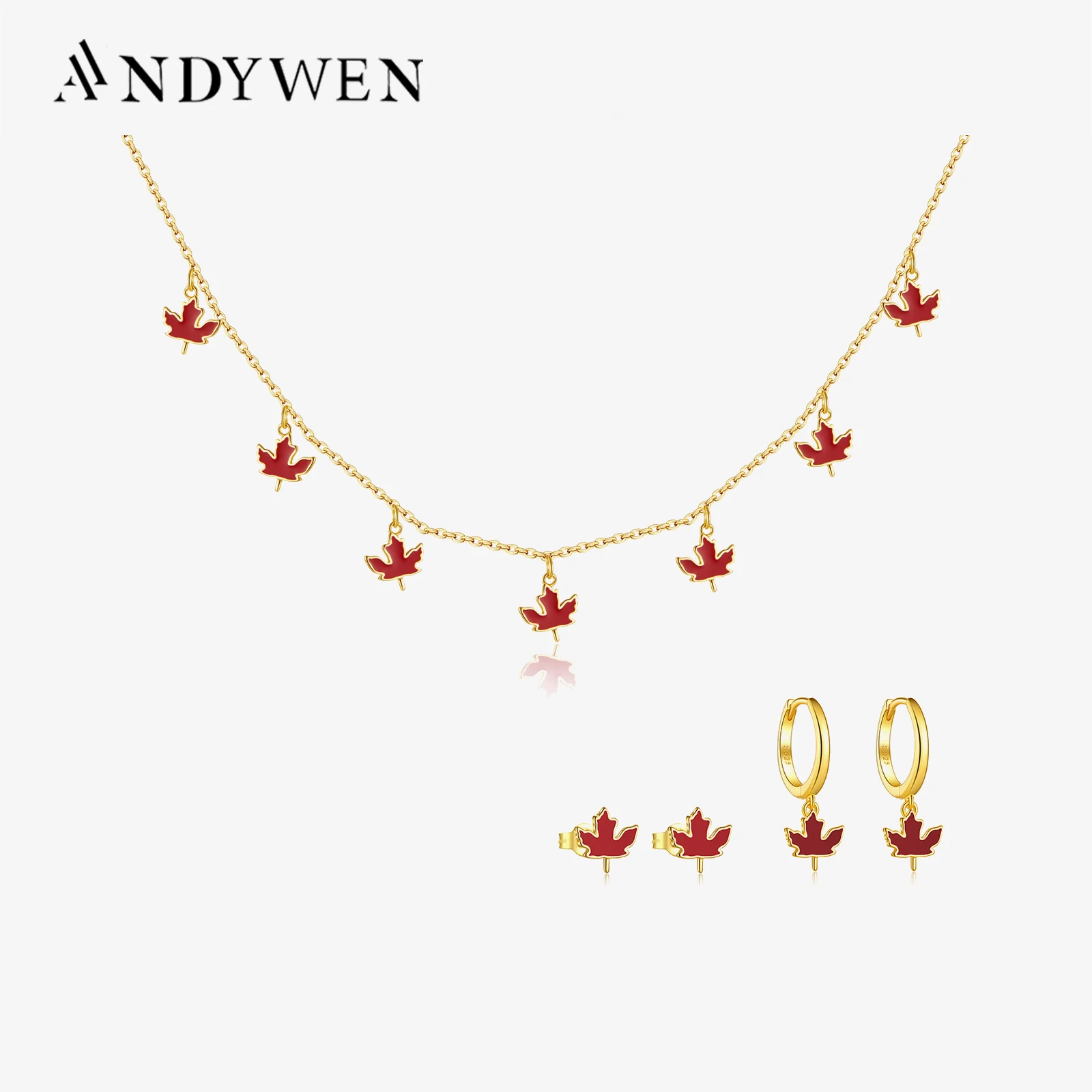 ANDYWEN 925 Sterling Silver Gold Maple leaf Pendant Stud Drop Earrings Long Chain Necklace Choker 2024 Trendy Fine Jewelry Set