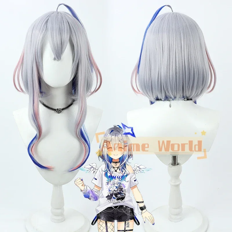 Vtuber Amane Kanata Cosplay Wig 55cm Silver Blue Mixed Pink Heat Resistant Synthetic Hair Halloween Role Play + Free Wig Cap