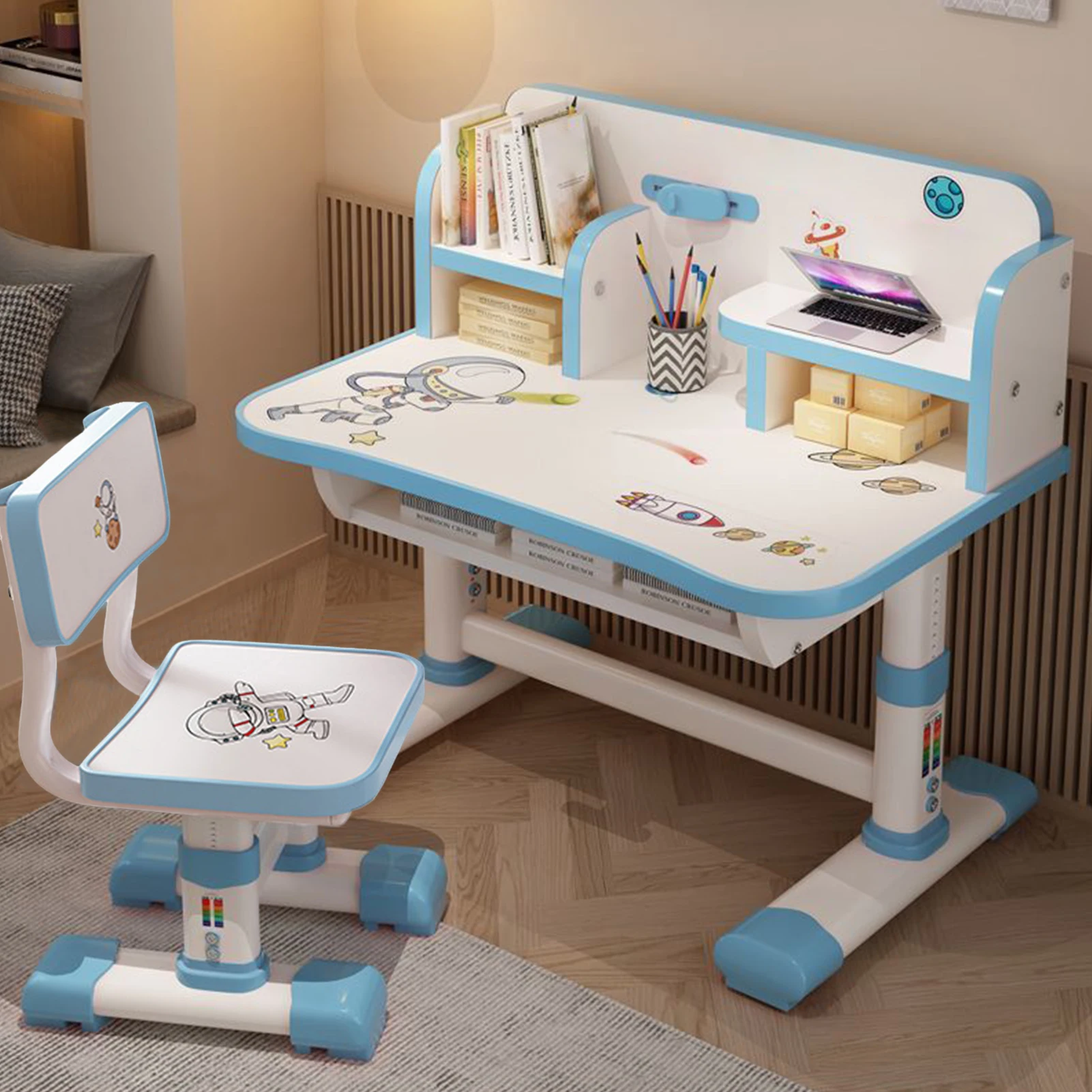 Ensemble de chaises de table d'étude réglables pour enfants, chaise de bureau ergonomique avec grand tableau d'écriture, motif de dessin animé, recommandé