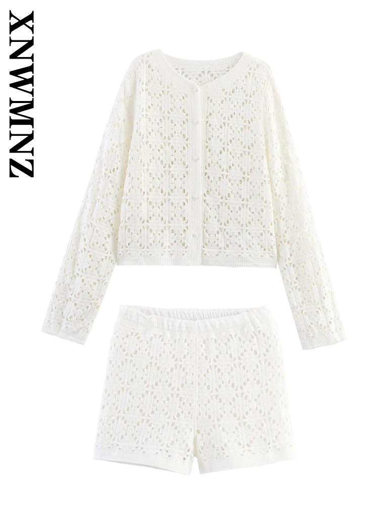 

XNWMNZ 2025 осенние женские хипстерские стильные повседневные шорты с v-образным воротником и длинными рукавами, вязаные крючком, темпераментная уличная женская рубашка для поездок на работу