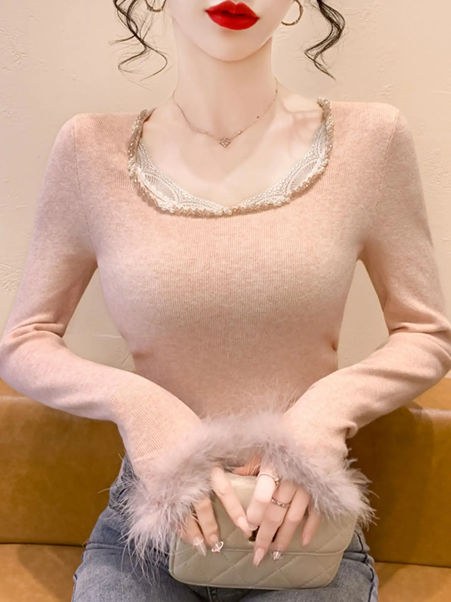 Plissado sve camisola de malha feminina fino ajuste longo sve gola quadrada roupa interior rendas retalhos outono inverno novo sle