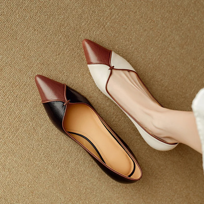 2024 New French Fit Sheepskin Fashionable Color Block Middle Heel Single Shoes Pointed Full Leather Thin Heels Women's Shoes