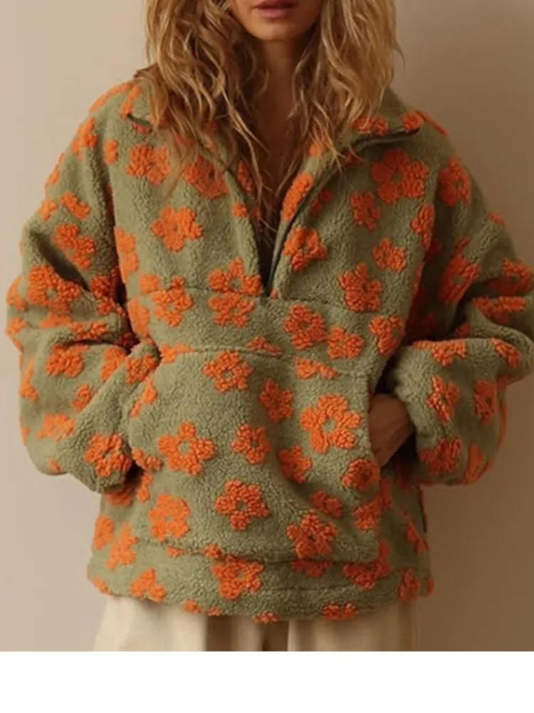 秋と冬のファッション暖かい長袖スウェットシャツ女性のフリースフラワージッパースタンドアップカラーエレガントな多用途トップス
