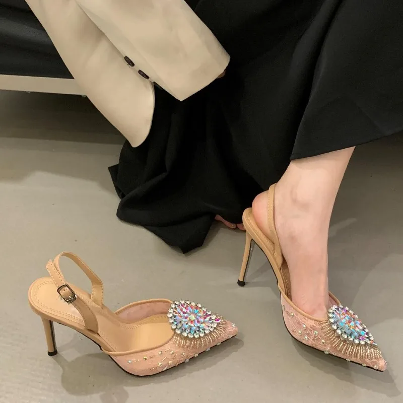 

Sexy Pointed Toe Crystal Women Pumps Street Style Thin High Heels Buckle Strap Sandals Elegant Party Stripper Mule Shoes Zapatos