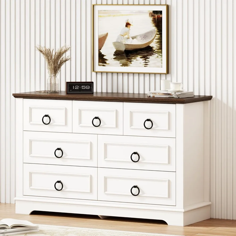 

Dresser for Bedroom, 47.2" W Farmhouse 7 Drawer Dresser with Round Metal Handle,Thickened Desktop,Wood Rustic Chest of Drawers