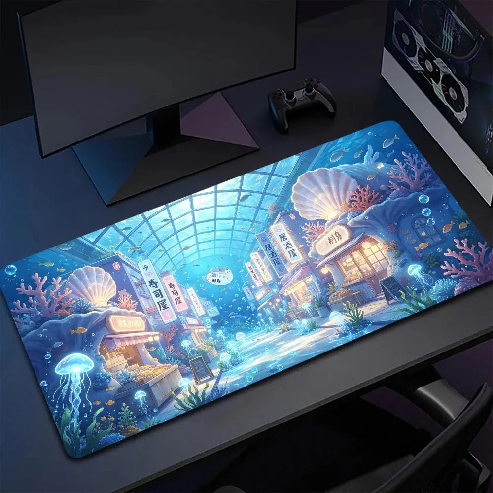 Anime Underwater Japanese Food Street Mouse Pad Glowing Jellyfish Coral Fish Izakaya Sashimi Shop Desktop Decor Mat
