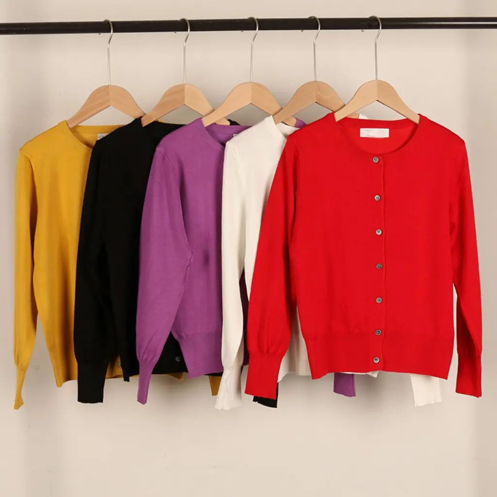 

Women's round Neck Cardigan Spring Autumn Solid Color Loose Sweater Korean Style Coat No Pilling Sweet Style