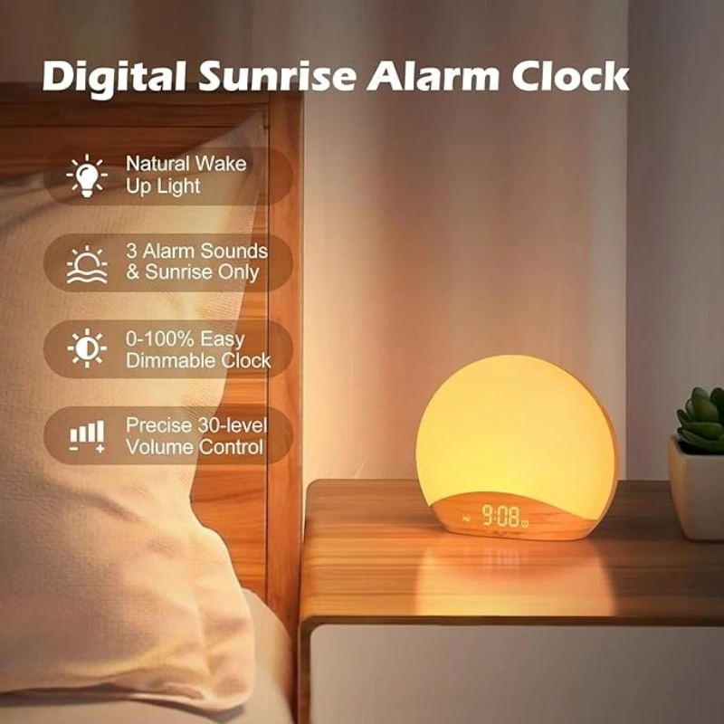 Houtnerf Sunrise Wake up Light Wekker 2-slaapgeluidsmachine Nachtlampje Digitale verstelbare klok White Noise Machine