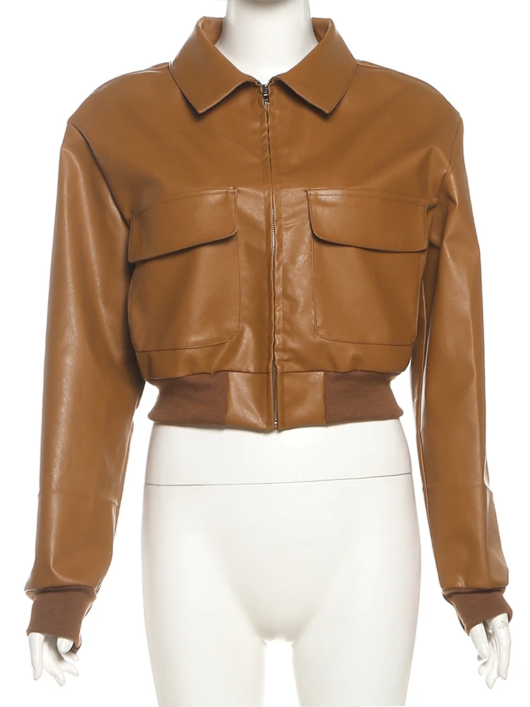 Cutenew الاتجاه خمر سترة بولي يوريثان المرأة الخريف الكلاسيكية البريدي التلبيب جيب المرقعة بسيطة البرية محب الشارع الشرير سليم أبلى