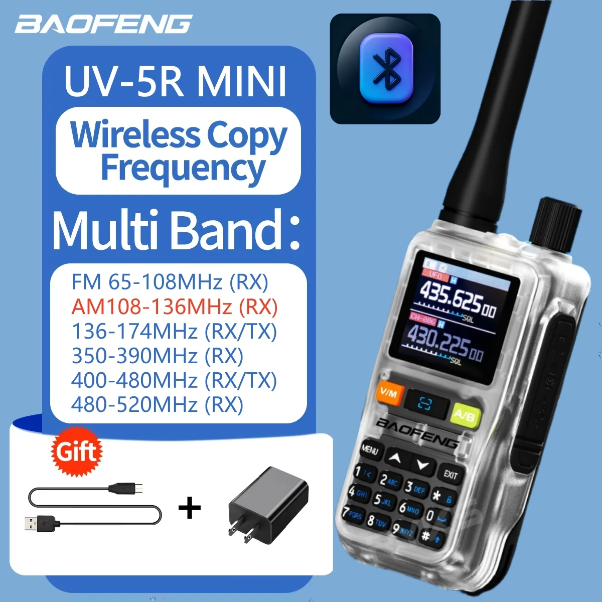 

Универсальная рация Baofeng UV-5R Mini с зарядкой Type-C, 999 каналами, Bluetooth-программированием для дальней связи (сертификаты CE/FCC)