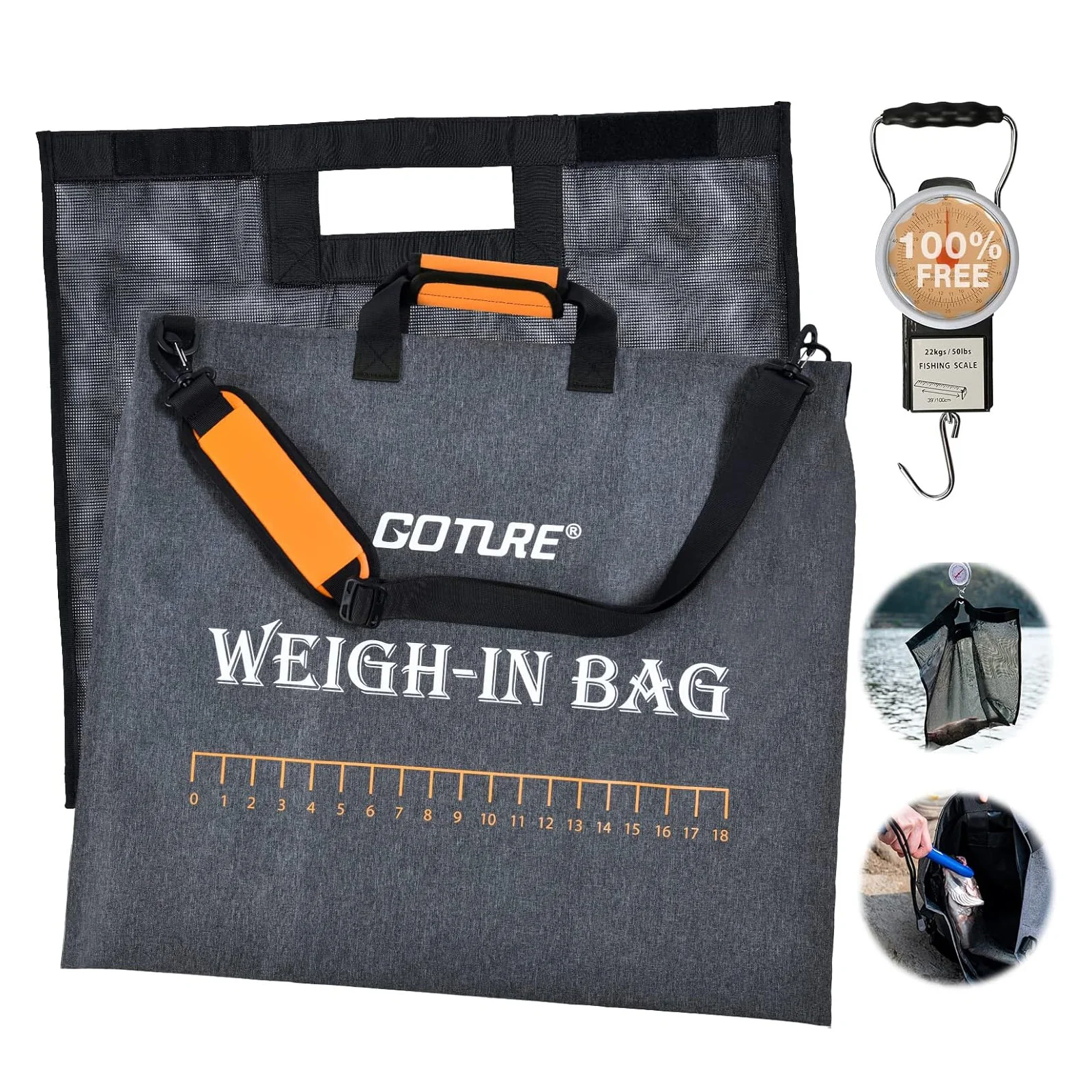 

Goture Durable Fishing Bag Removable Inner Mesh Bag with Zipper Heavy Duty Weigh Bag Digital Hanging Scale for Bass Fishing