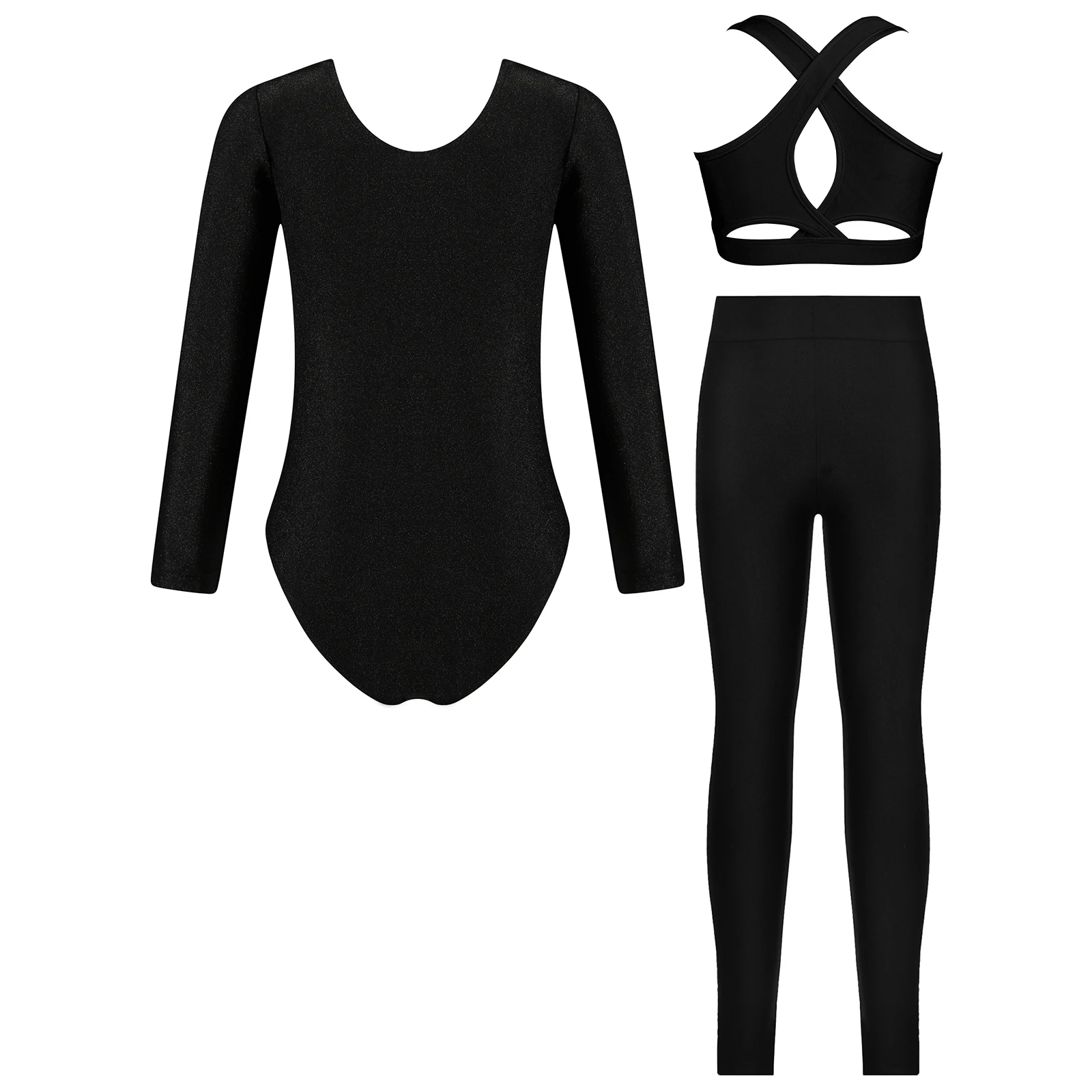 3 pçs/set crianças meninas roupa de ginástica brilhante strass metálico contraste cor collant colete leggings para patinação artística dança
