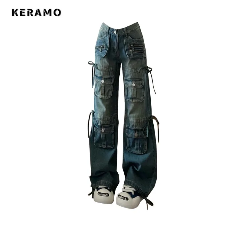 

American Retro High Street Casual Overalls Loose Wide Leg Jeans Pants Women Y2k Hip-hop Baggy Cargo Grunge Denim Trousers