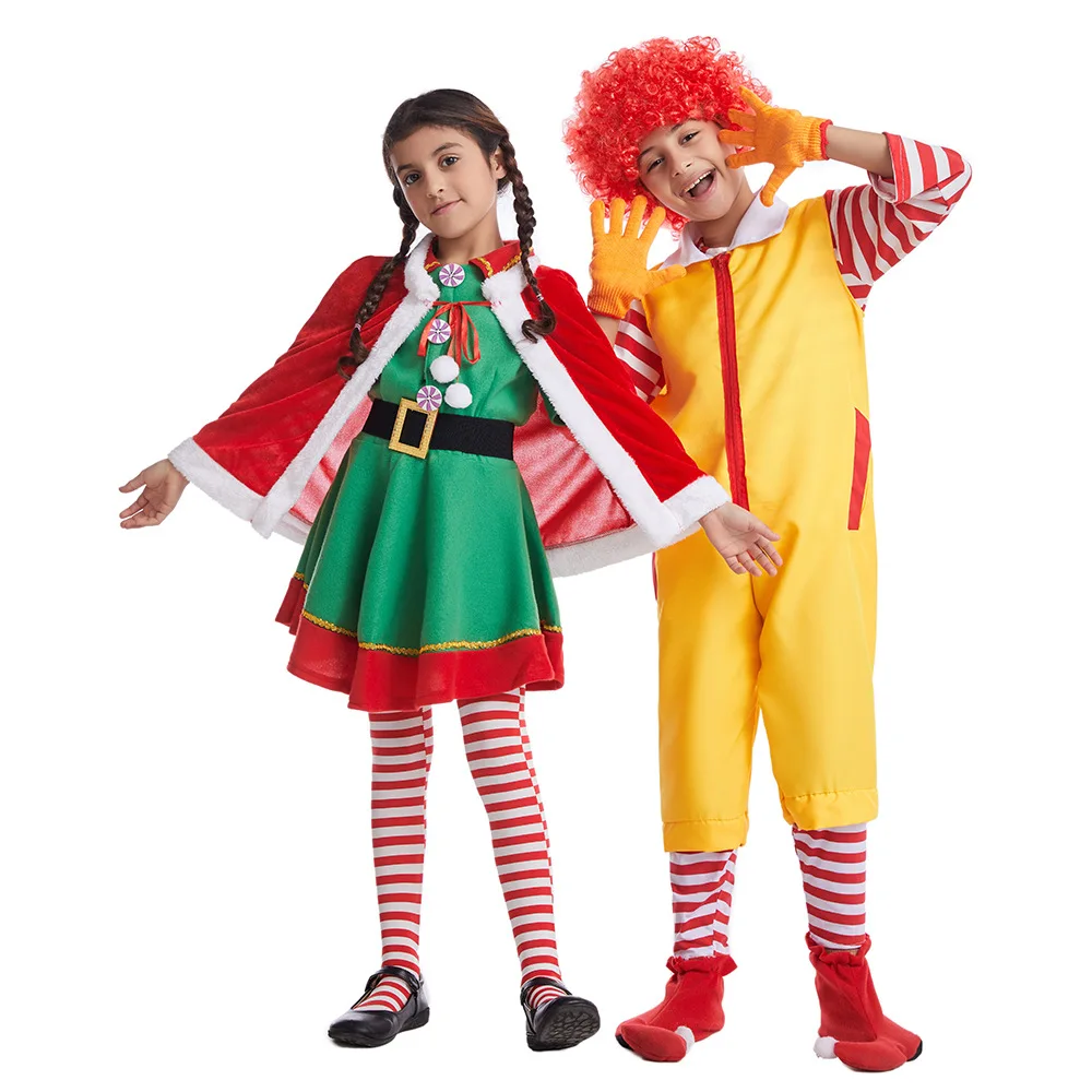 Christmas Cosplay Parent-Child Clown Costume Props Party Stage Performance Fastfood Yellow Clown Clothing for Kids