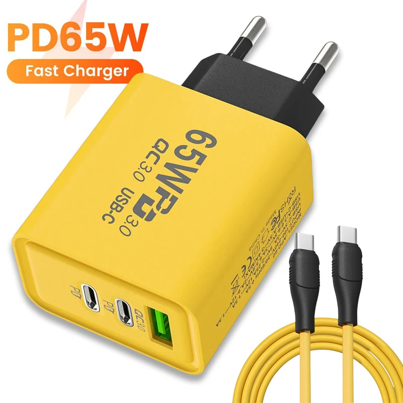 PD 65W USB C Charger 3 Ports Fast Charging Type C Charger Phone Adapter for Iphone 15 14 13 12 Xiaom