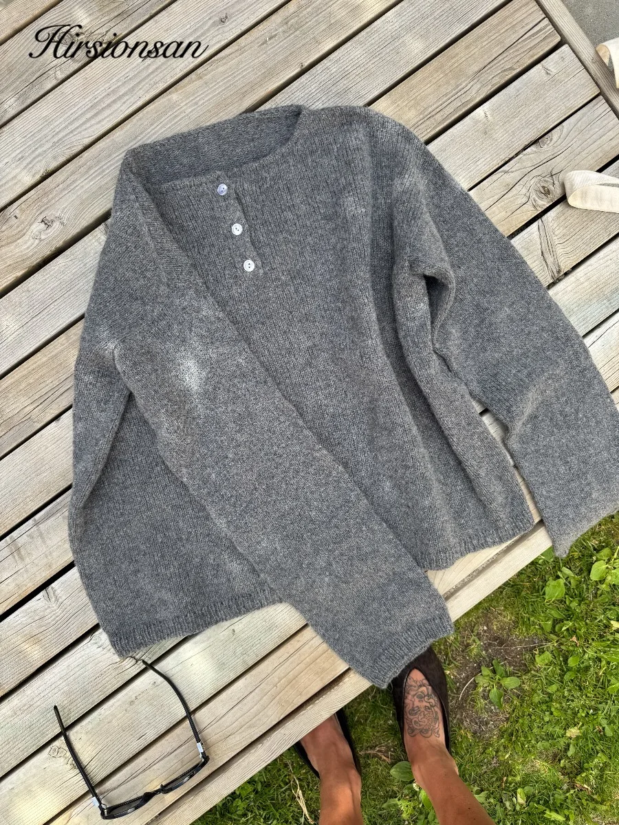Hirsionsan 2026 New Product Dark Grey Half Open Button Round Neck Knitted Sweater Long Sleeve Short Top Commuter Hoodie