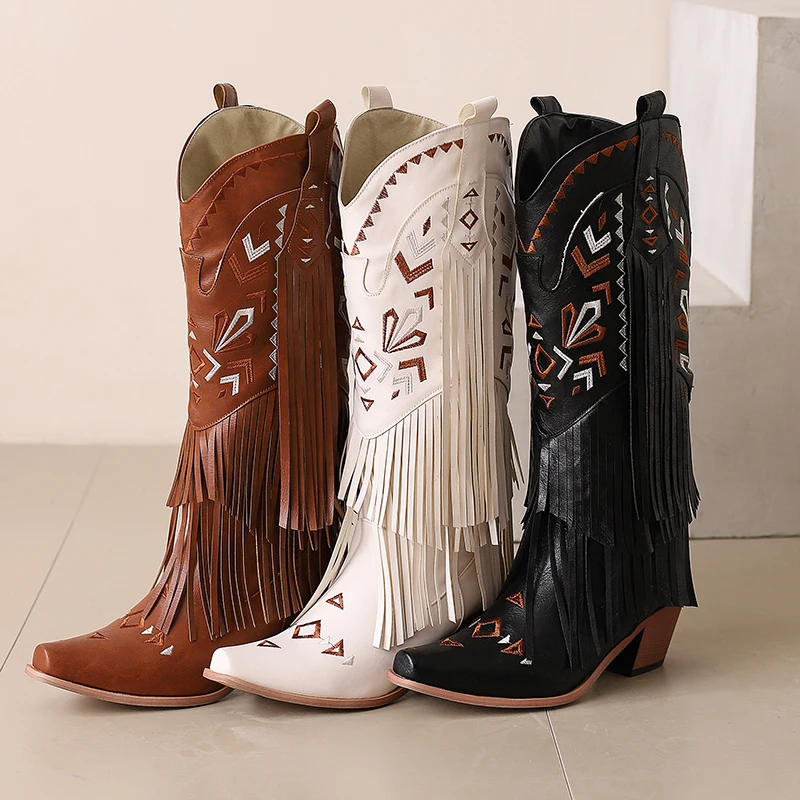 Ethnic Style Embroidery Sewing Tassel High Knee Western Cowboy Boots Women Square Toe Chunky Heels Fringe Cowgirl Boots 46 47 48