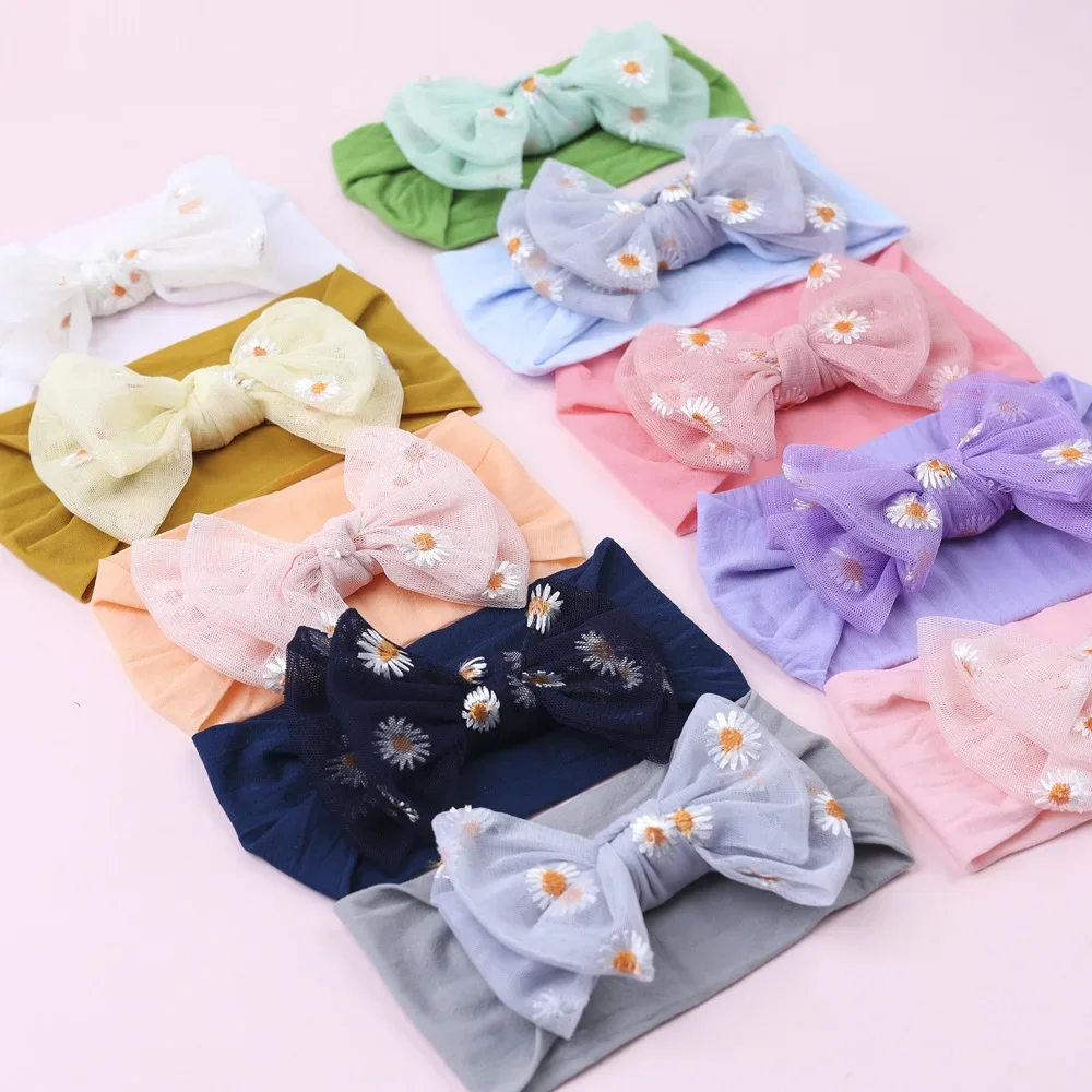 New 1PCS Small Daisy Flower Baby Girls Headwraps Double Lace Mesh Bows Newborn Toddler Headband Nylon Soft Kids Headwear