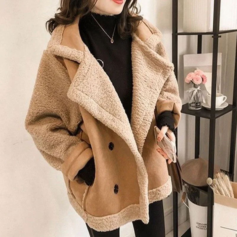 Women Coats Lamb Wool Coat Maxi Thick Warm Khaki Autumn Winter Jackets Turn Down Collar Single Breasted Pockets Elegant