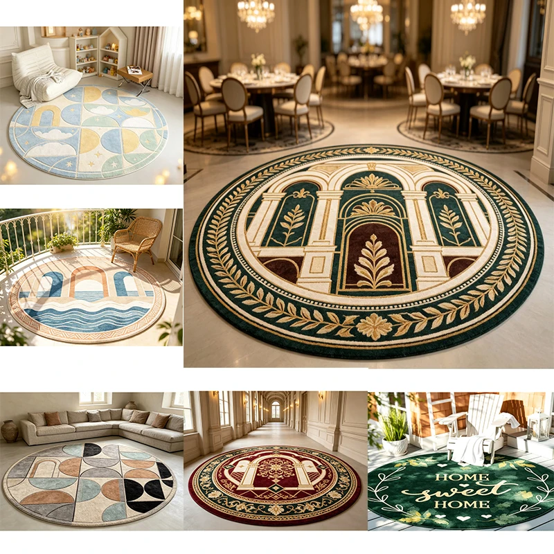 Round Luxe European Palace Area Rug Classic Baroque Arch Laurel Floral Art Floor Carpet for Dining Room Grand Hall Decoration