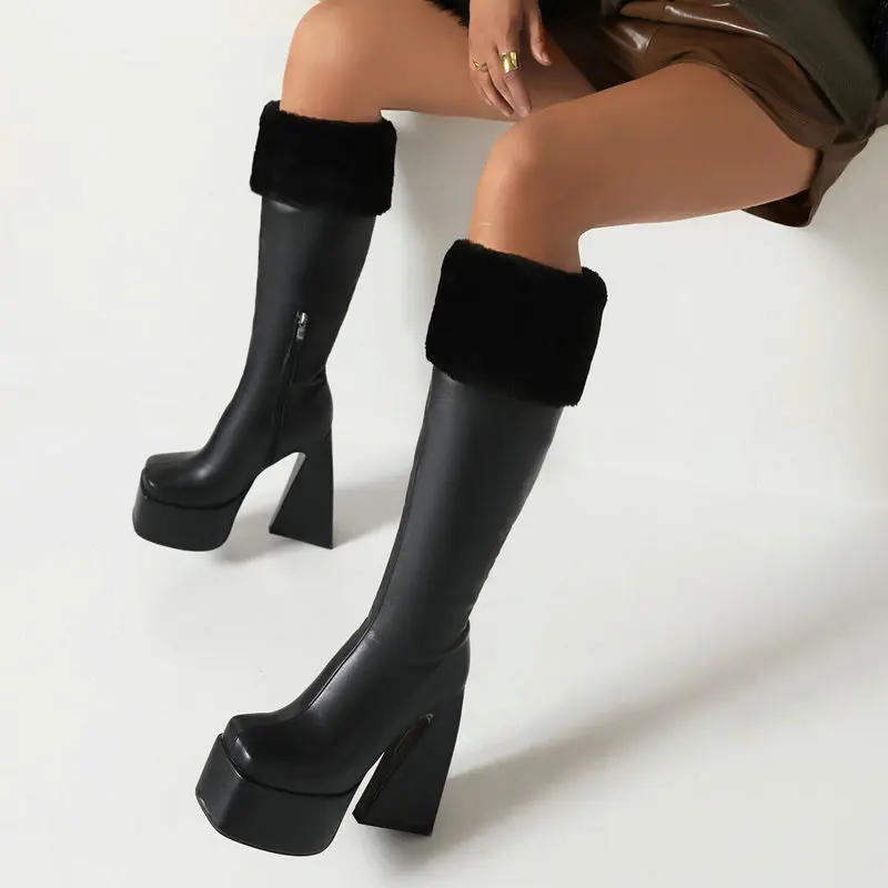 

Winter Fur Top Turn Over Women Platform Knee High Boots Square toe Long Booties High Chunky Heels Shoes