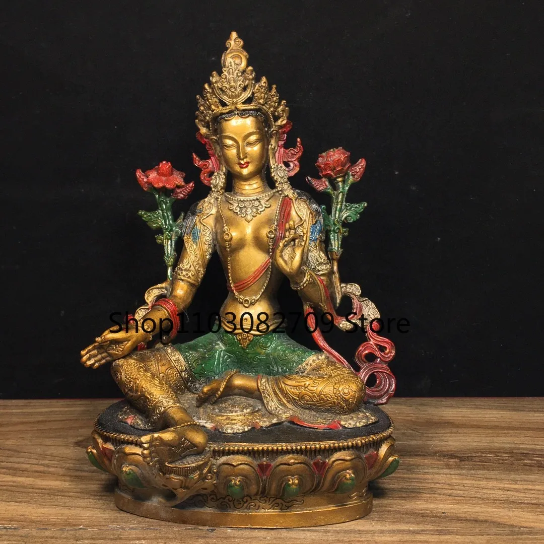 Tibetan brass gilt painted face green Tara Guanyin Bodhisattva Home Hall incense case supplies 22cm ornament