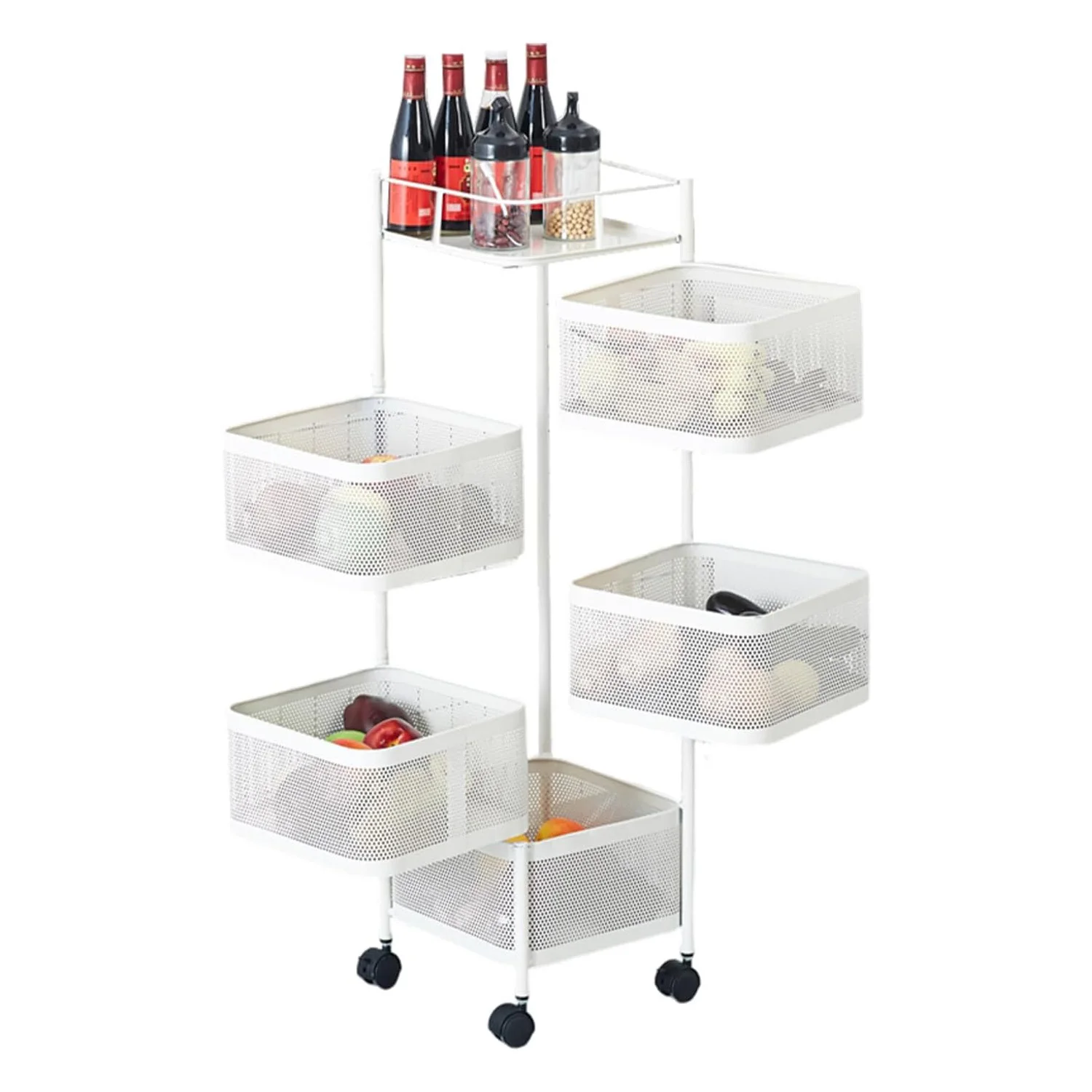 

5 Tier Rotating Vegetable Fruit Storage Rack with Wheels Household Detachable Kitchen Trolley Cart Rotating Storage Shelves