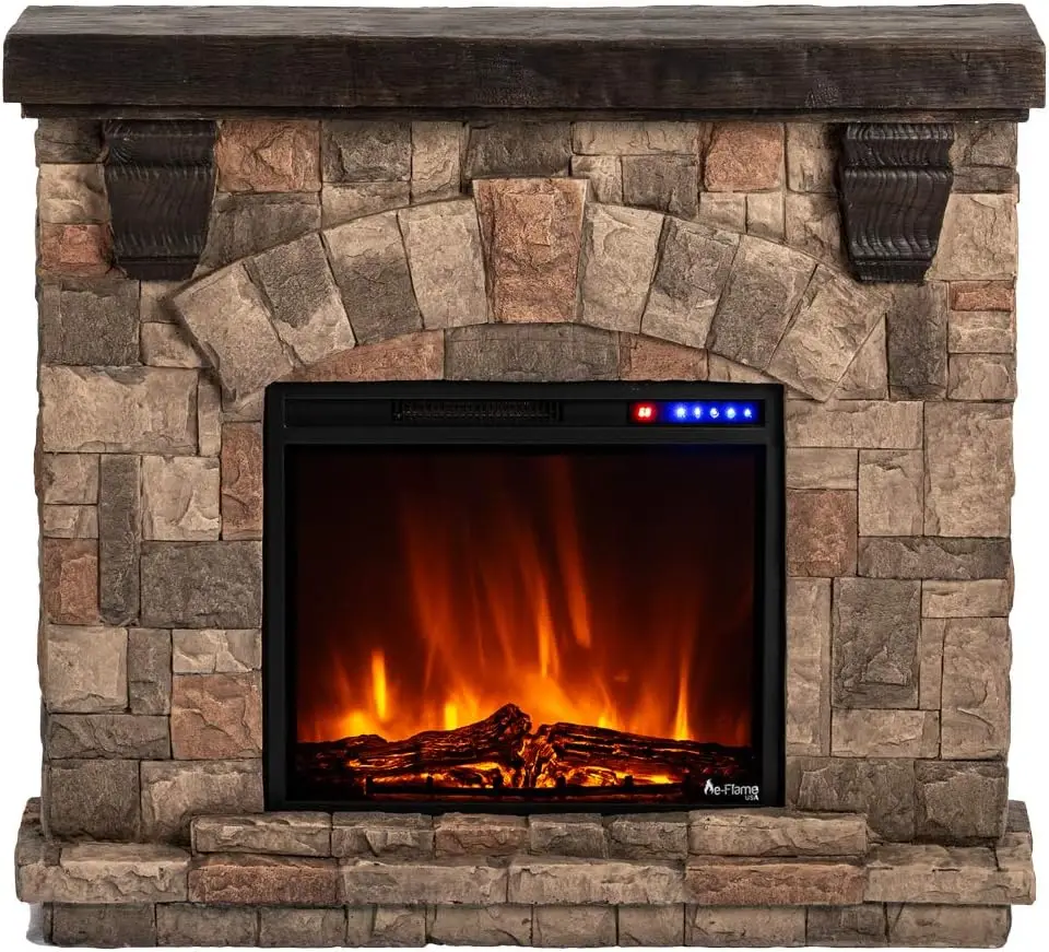 Alpine LED Electric Fireplace Stove with Faux Wood and Stone Mantel - Remote - 3D Log and Fire 11.6