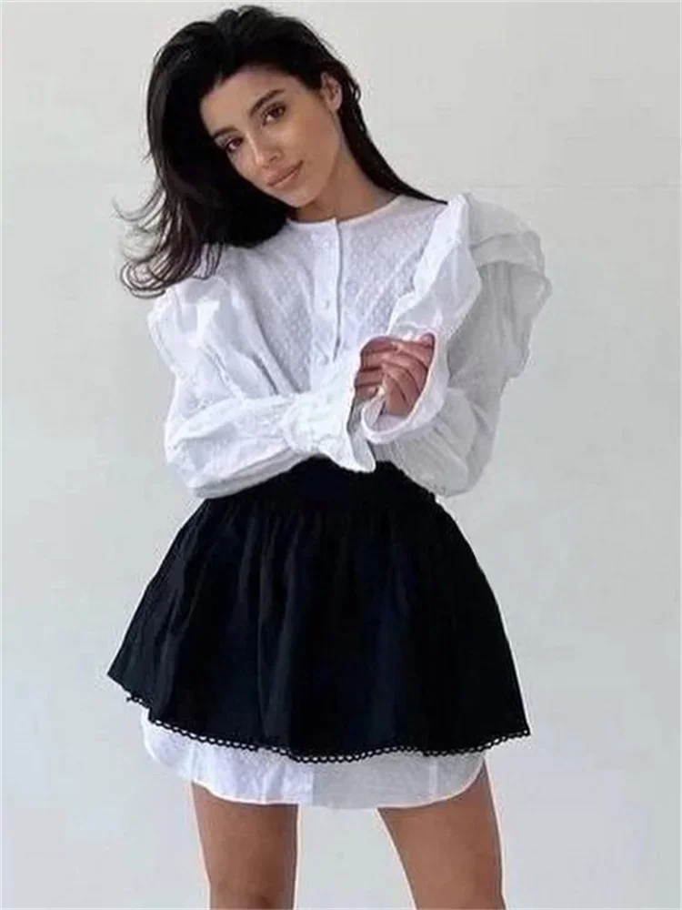 Ruffled Patchwork Fashion Mini Dress Women High Waist Shirts Elegant Party Looks 2 Piece-Set Mini Dress Women White Dress