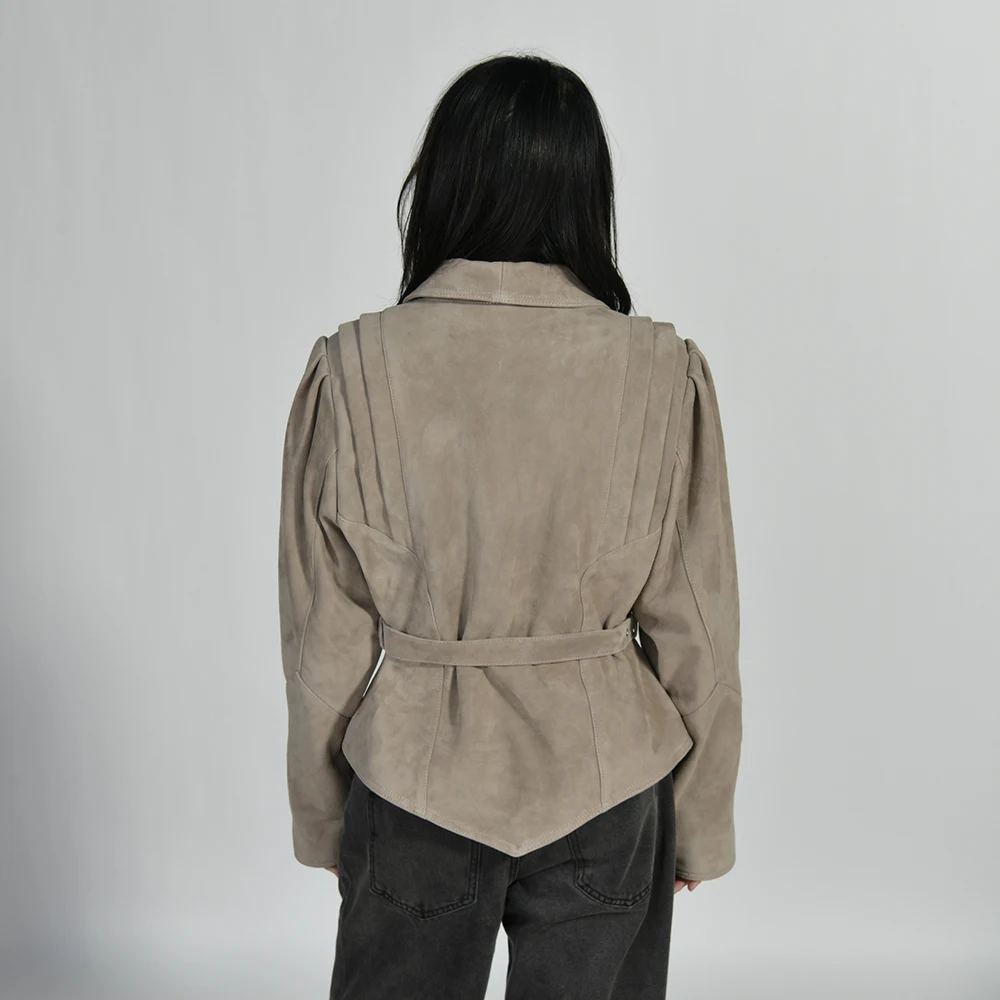 Jaxmonoy Chaqueta de piel de ante auténtica para mujer, abrigo de piel de oveja Natural a la moda con cinturón, abrigos informales de nuevo estilo para Otoño e Invierno 2025