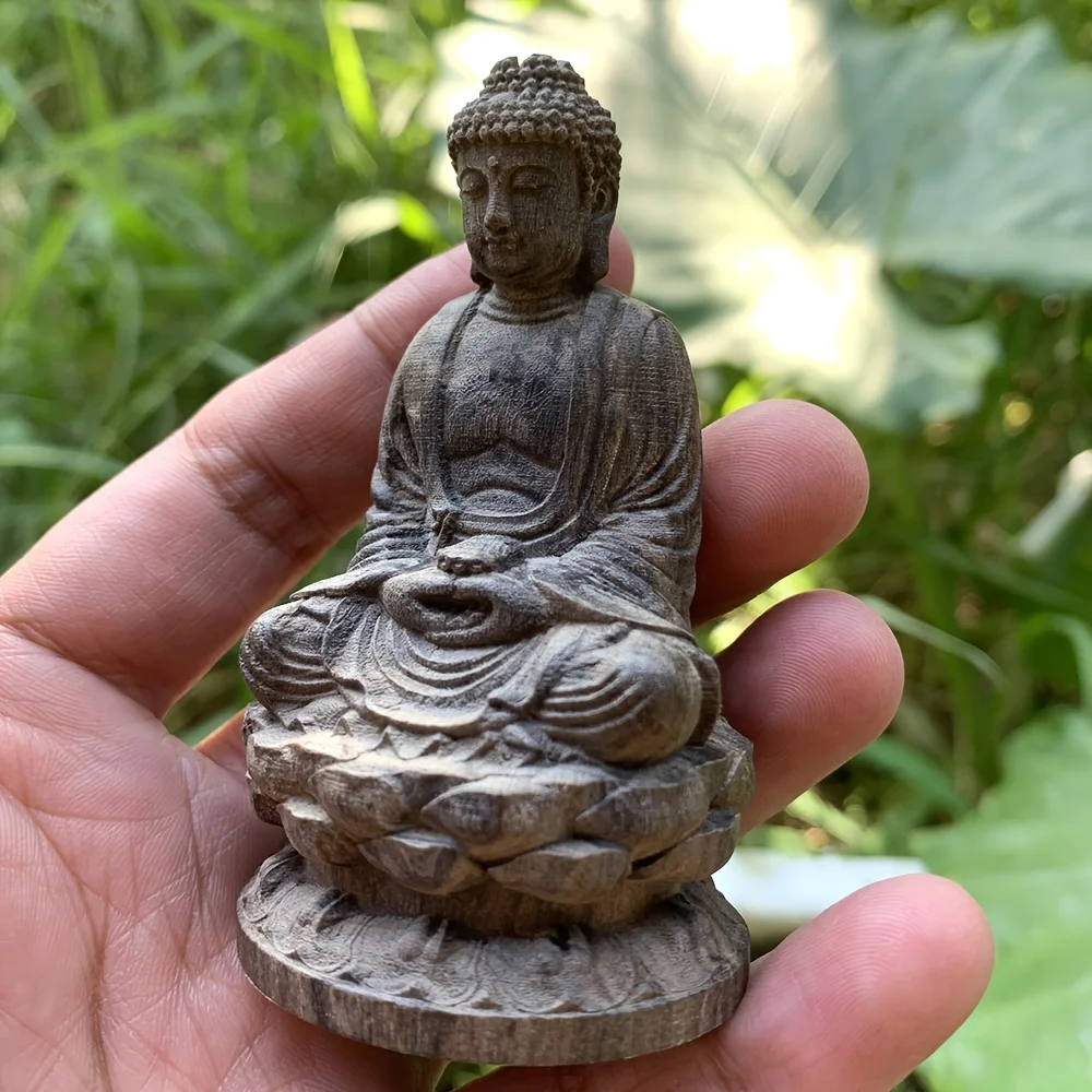 1 pieza de Buda Amitabha de madera de agar, tallada en madera natural, estatua de Buda para sala de estar o escritorio, decoración navideña, pequeña figura de madera decorativa.
