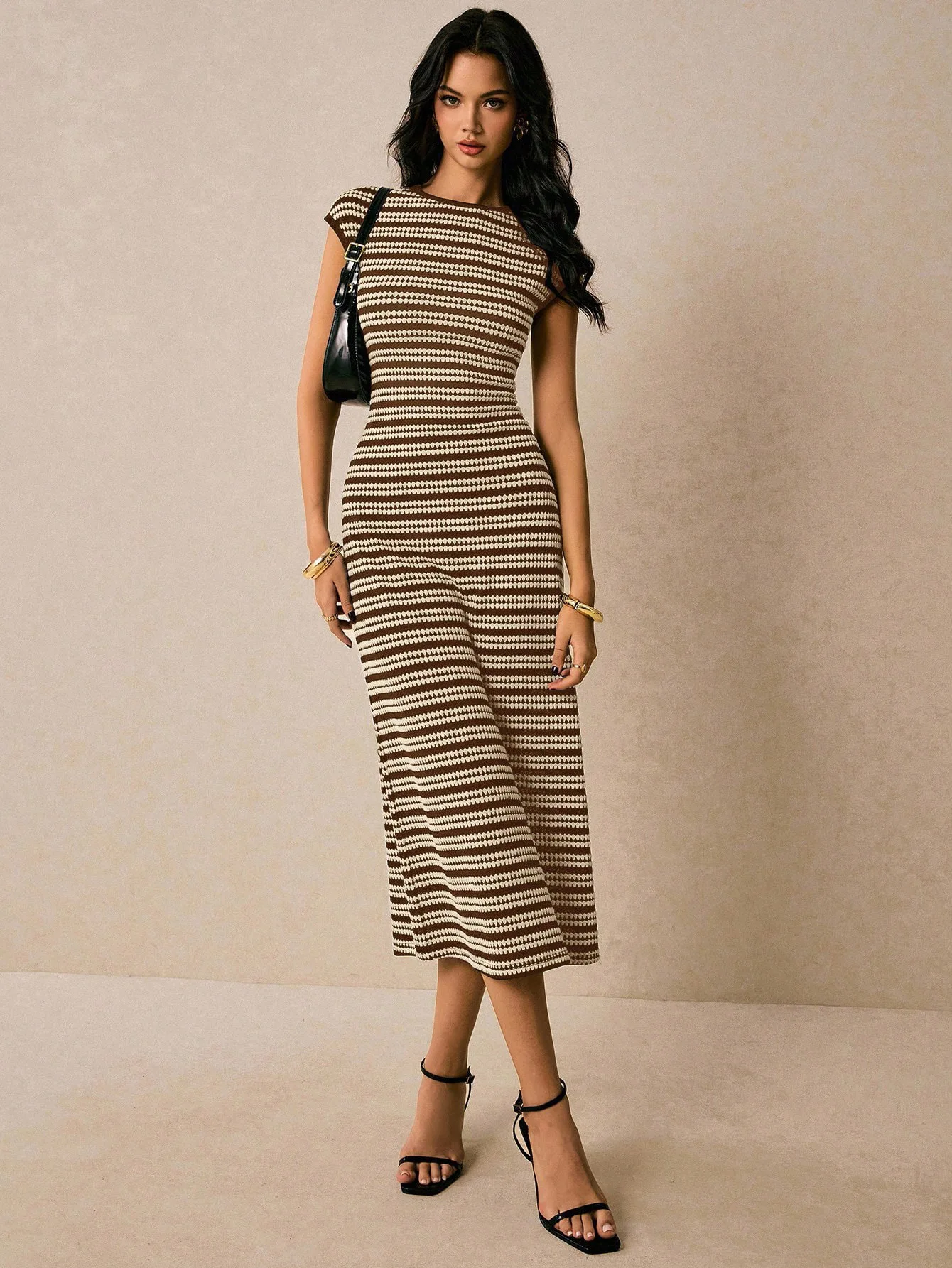 

Women's Striped Knit Midi Dress Sleeveless Crew Neck Slim Fit Bodycon Dress Stylish Casual Elegant Outfit For Daily Wear