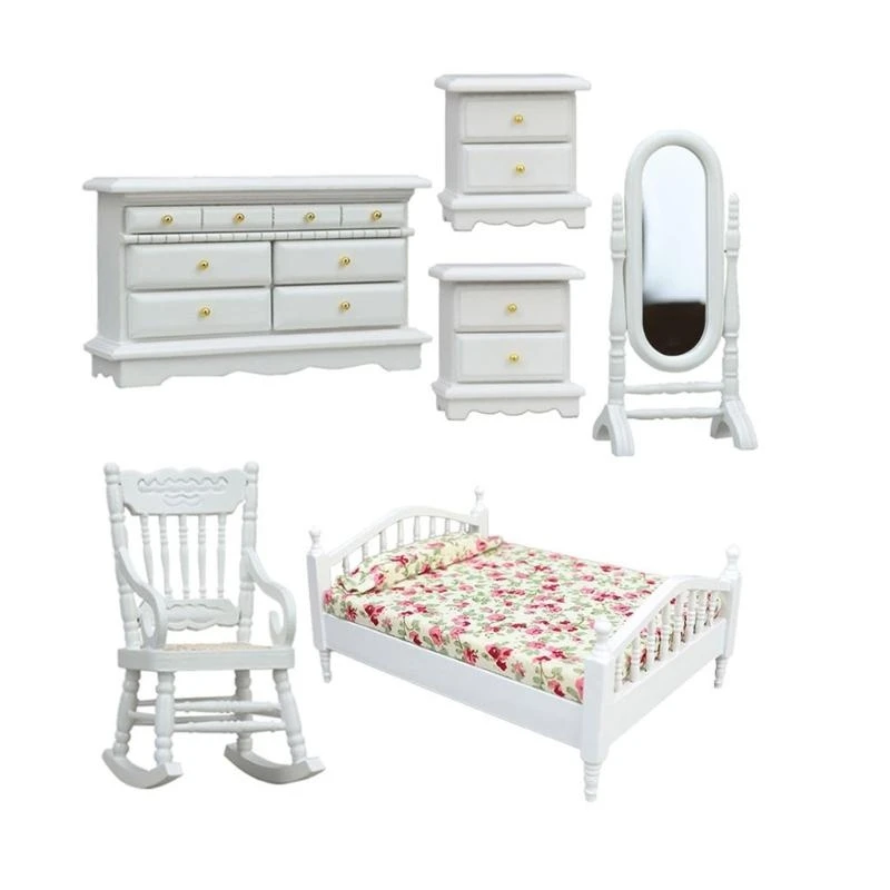 

Handcarved Miniature Bedroom Furniture Set with Bed Bedside Table Chair